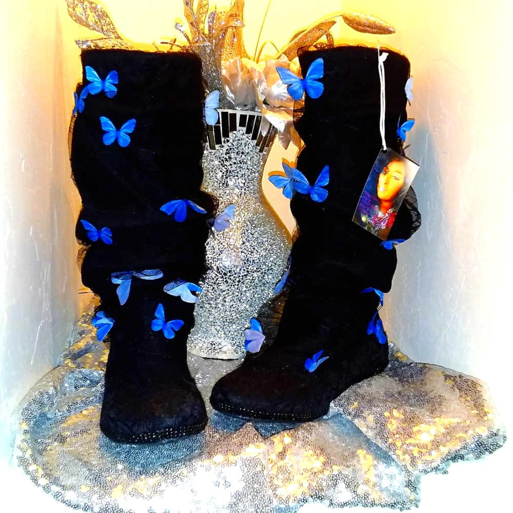 "BRANWYN" Custom Order Black Butterfly Lace Slouchy Boho Boots